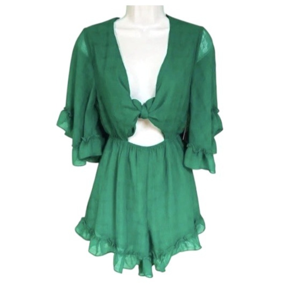 Mi Ami Kima Tie Front Romper Womens S Green Flowy Ruffles Cut Out‎ Coquette